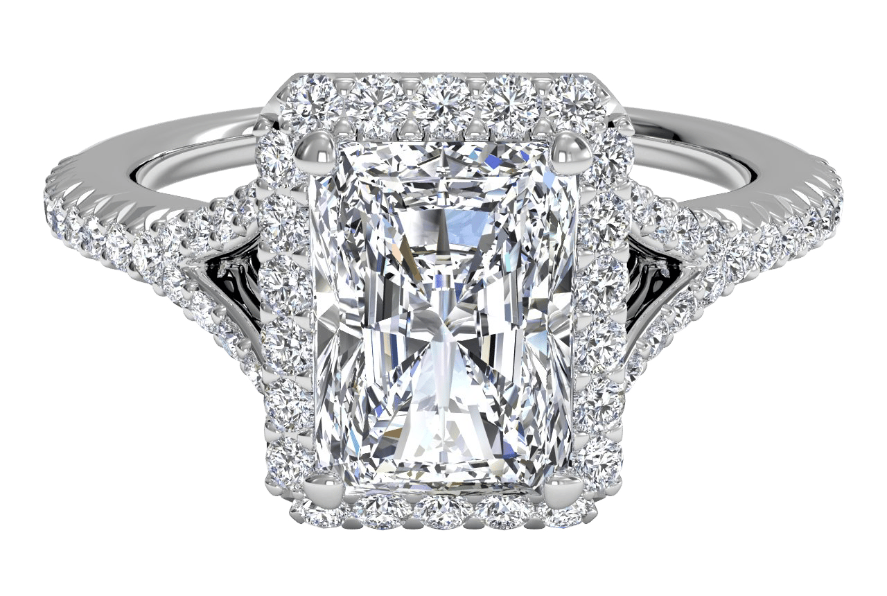 The Jordan Radiant Cut Platinum Dainty 'V' Band Halo Engagement Ring