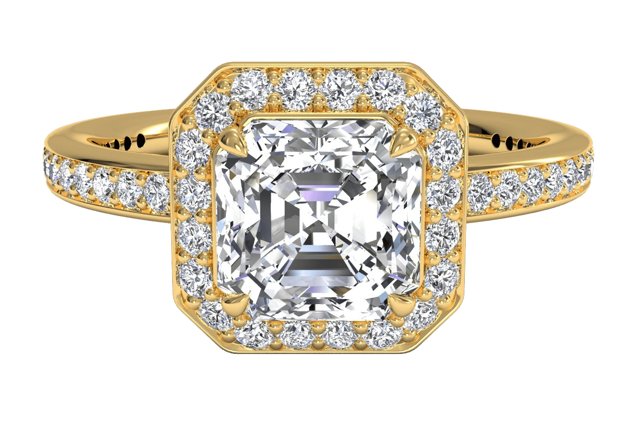 The Vanessa Asscher Cut 18kt Yellow Gold Halo Micropavé Diamond Band Engagement Ring