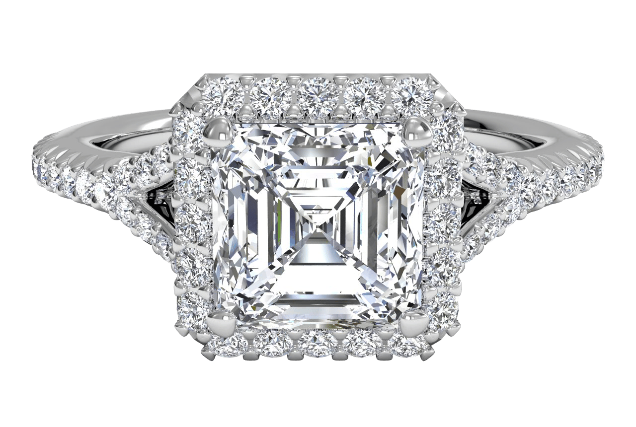 The Jordan Asscher Cut 14kt White Gold Dainty 'V' Band Halo Engagement Ring