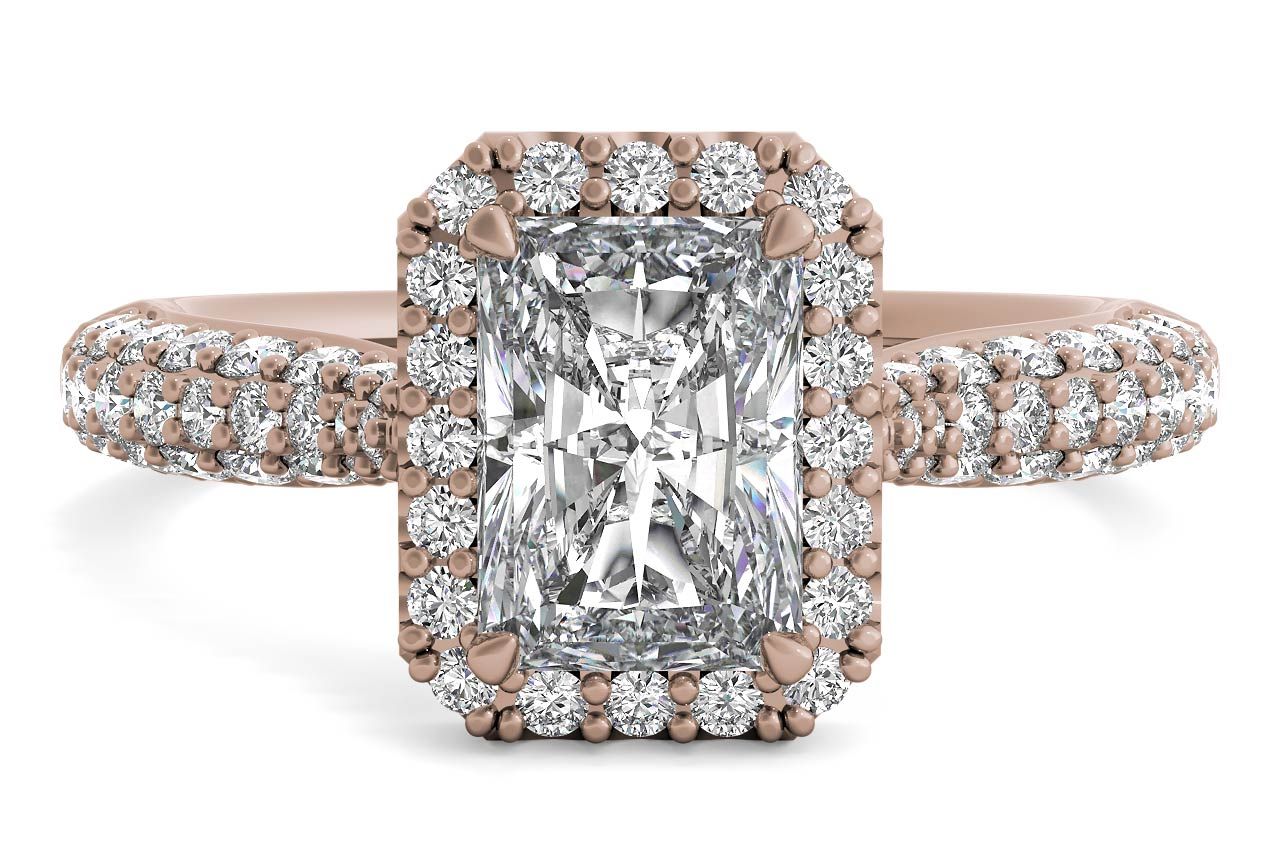 The Leilani Radiant Cut 18kt Rose Gold Three Row Pavé Diamond Halo Engagement Ring
