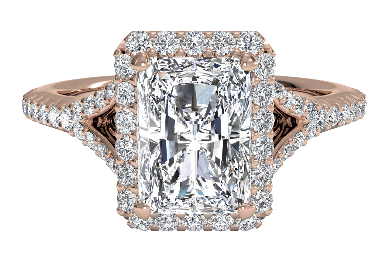 The Jordan Radiant Cut 18kt Rose Gold Dainty 'V' Band Halo Engagement Ring