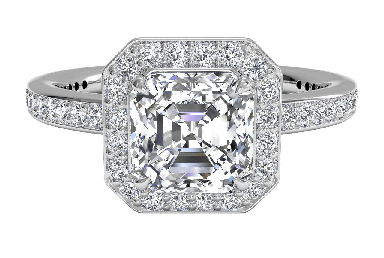 The Vanessa Asscher Cut Platinum Halo Micropavé Diamond Band Engagement Ring
