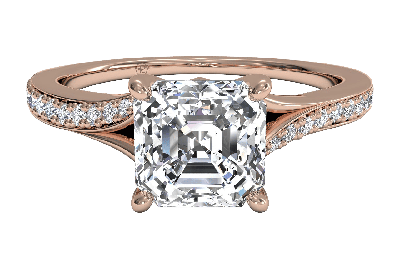 The Alba Asscher Cut 18kt Rose Gold Bypass Micropavé Diamond Band Engagement Ring