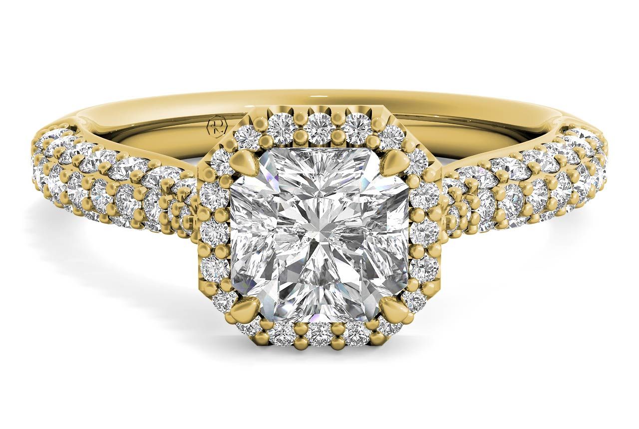 The Leilani Asscher Cut 18kt Yellow Gold Three Row Pavé Diamond Halo Engagement Ring