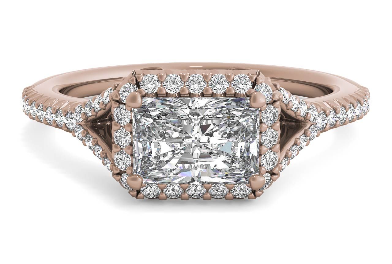 The Riley Radiant Cut 18kt Rose Gold East To West Halo Diamond 'V Band' Engagement Ring