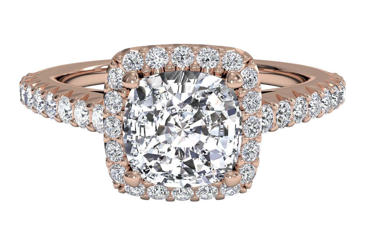 The Laura Cushion Cut 18kt Rose Gold Classic French-set Halo Diamond Band Engagement Ring