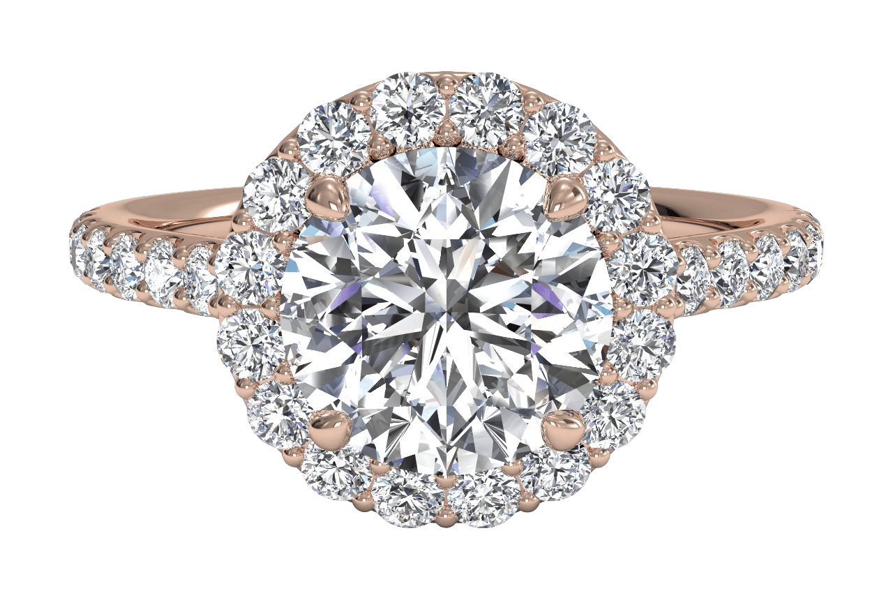The Layla Round Cut 18kt Rose Gold French-Set Halo Diamond Band Engagement Ring