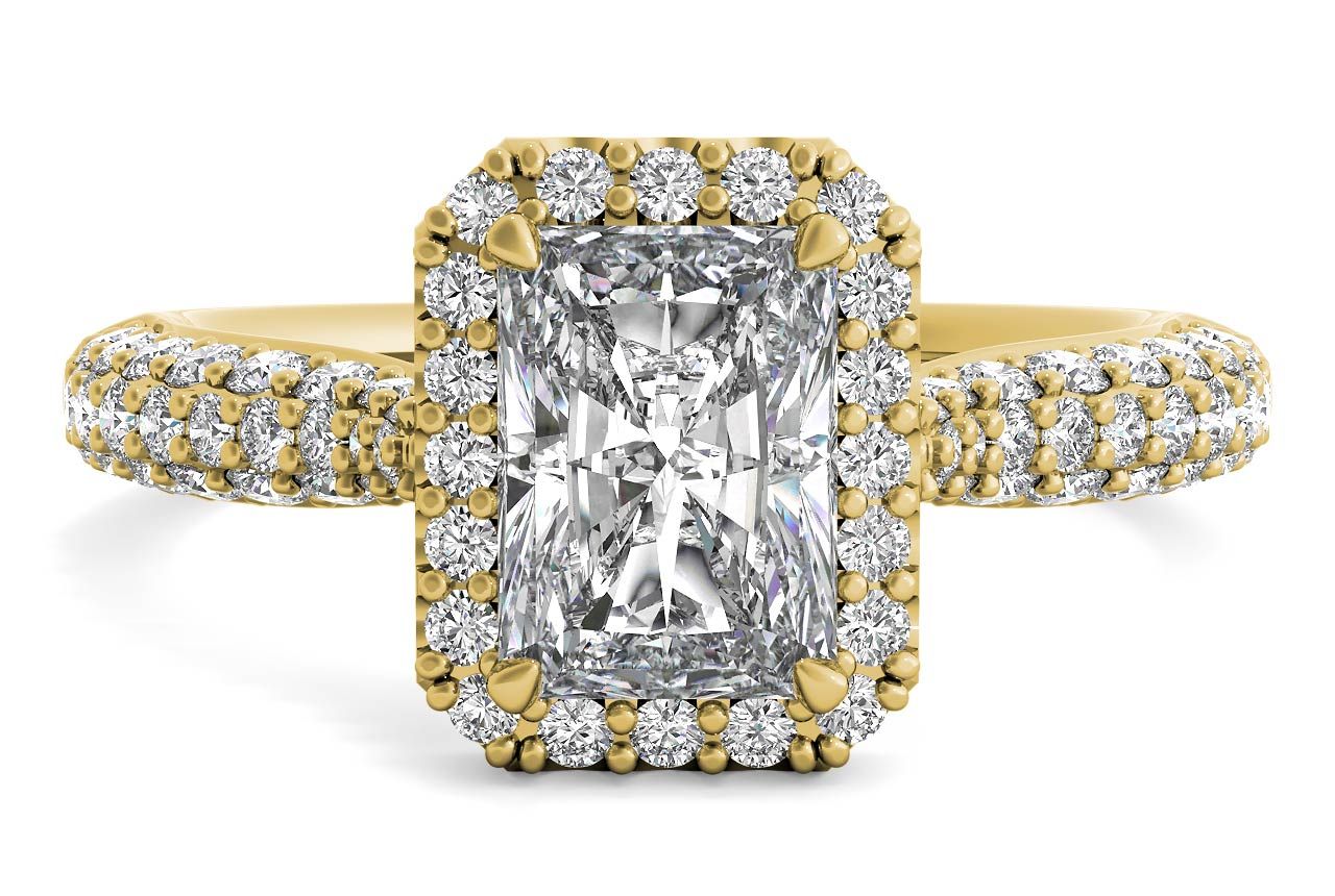 The Leilani Radiant Cut 18kt Yellow Gold Three Row Pavé Diamond Halo Engagement Ring