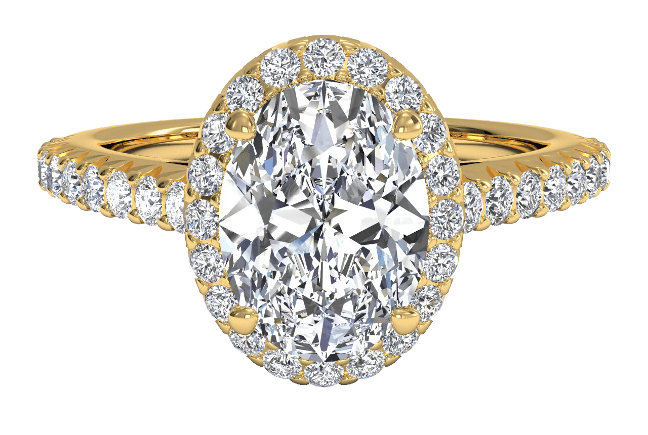 The Laura Oval Cut 18kt Yellow Gold Classic French-set Halo Diamond Band Engagement Ring