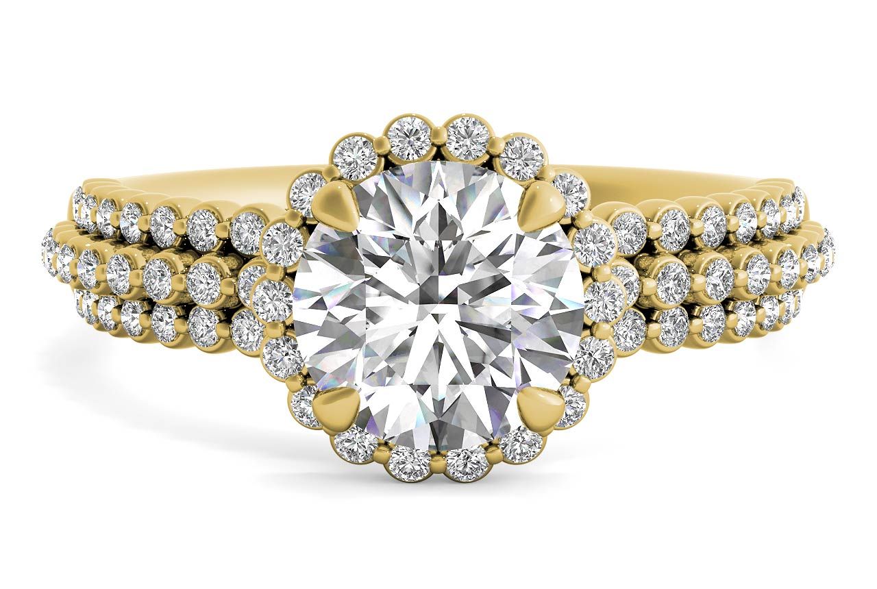 The Electra Round Cut 18kt Yellow Gold Three Row Graduating Diamond Halo Engagement Ring