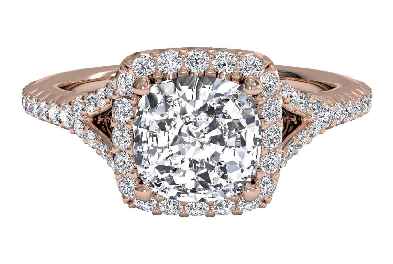 The Jordan Cushion Cut 18kt Rose Gold Dainty 'V' Band Halo Engagement Ring
