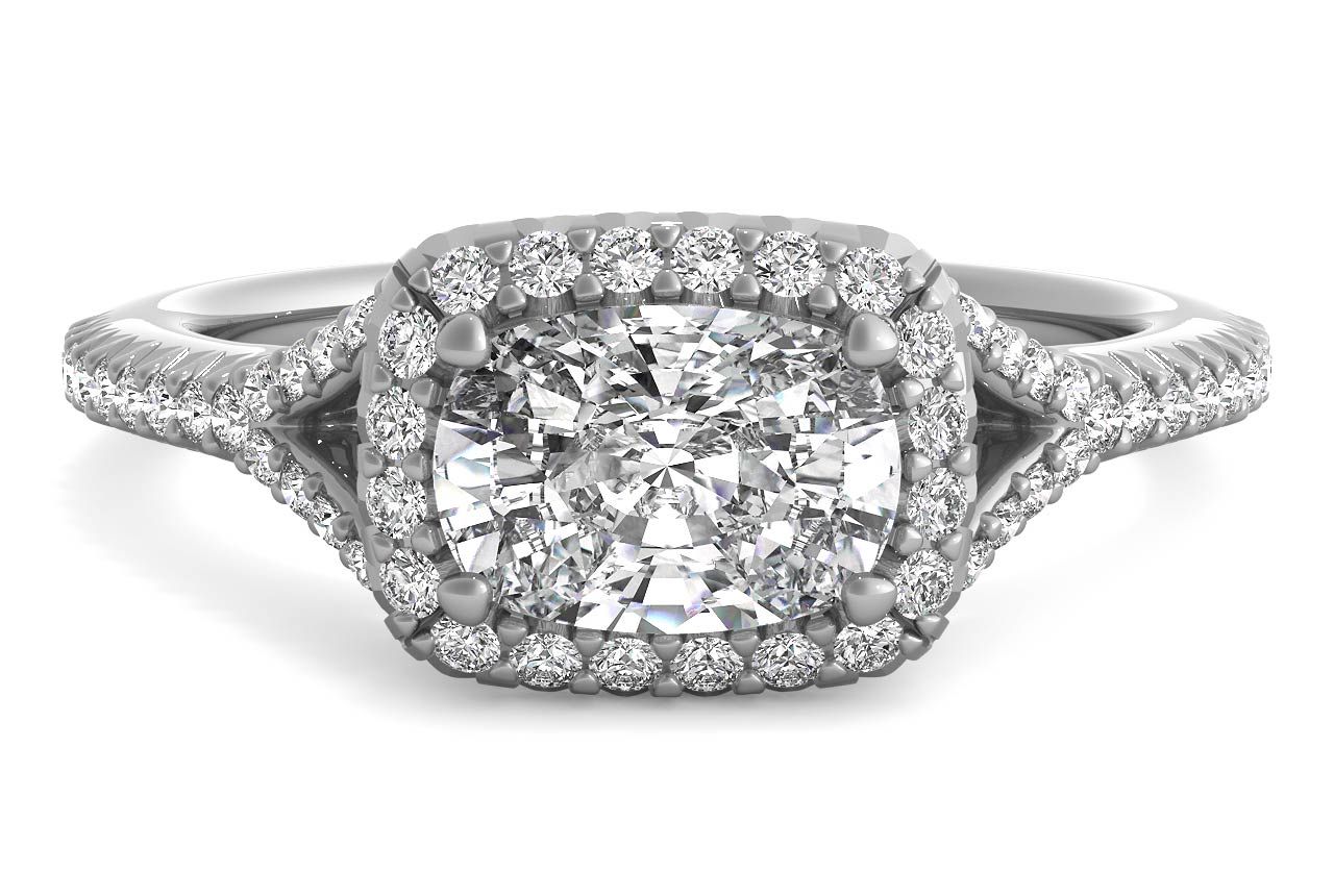 The Riley Cushion Cut Platinum East To West Halo Diamond 'V Band' Engagement Ring