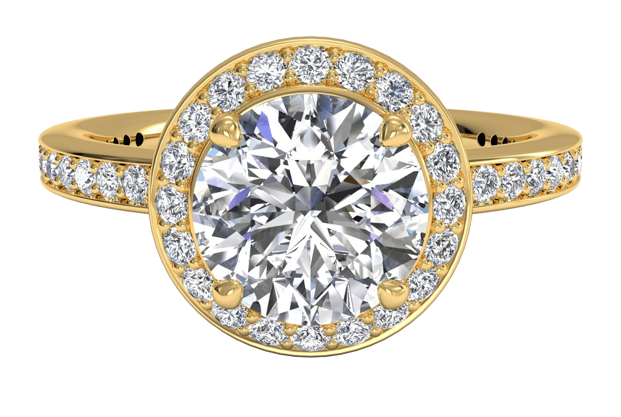 The Vanessa Round Cut 18kt Yellow Gold Halo Micropavé Diamond Band Engagement Ring