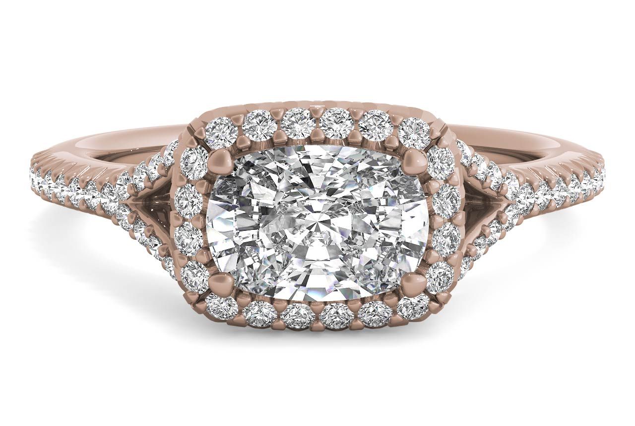 The Riley Cushion Cut 18kt Rose Gold East To West Halo Diamond 'V Band' Engagement Ring