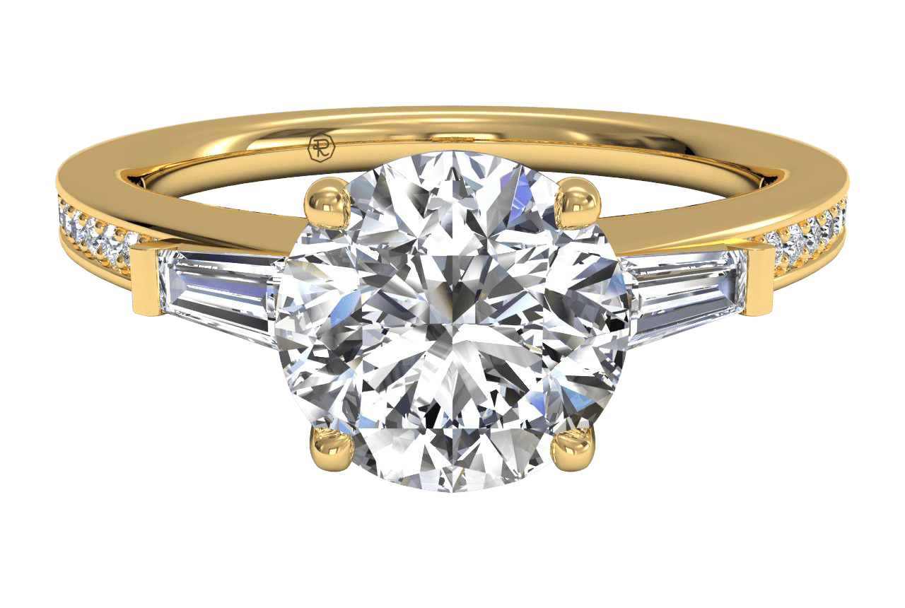 The Bea Round Cut 18kt Yellow Gold Tapered Baguette Diamond Band Engagement Ring