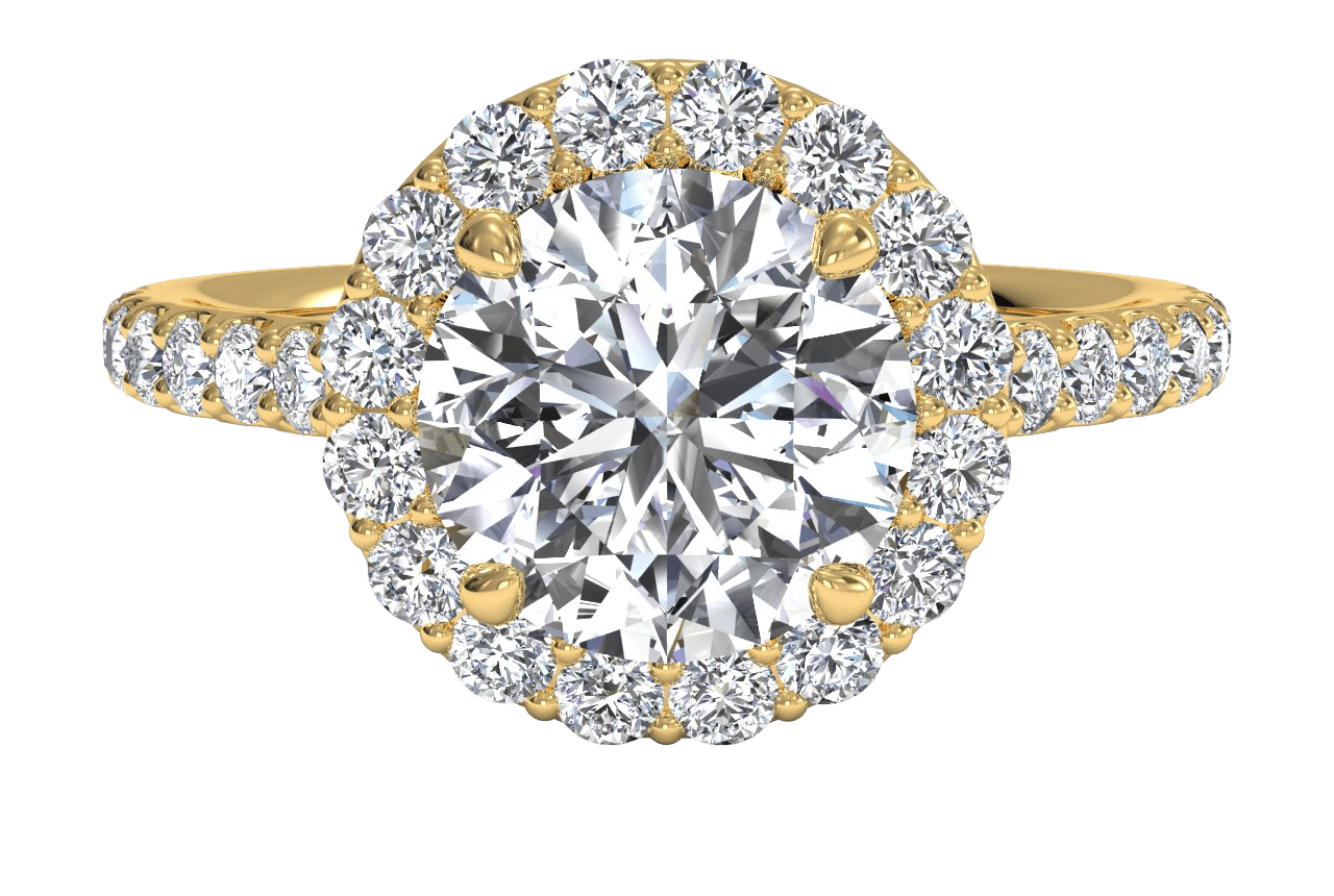 The Layla Round Cut 18kt Yellow Gold French-Set Halo Diamond Band Engagement Ring