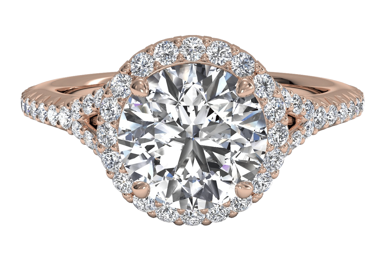 The Jordan Round Cut 18kt Rose Gold Dainty 'V' Band Halo Engagement Ring