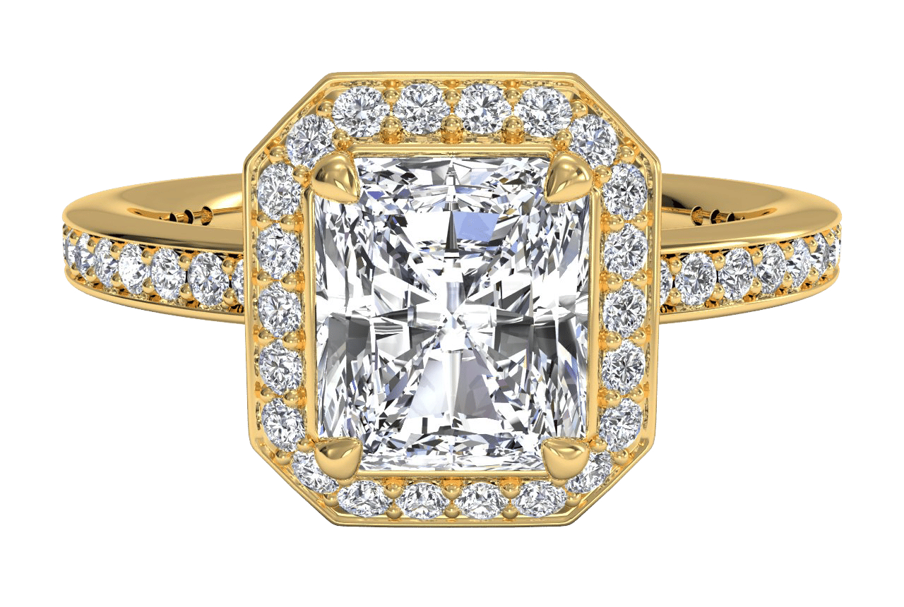 The Vanessa Radiant Cut 18kt Yellow Gold Halo Micropavé Diamond Band Engagement Ring