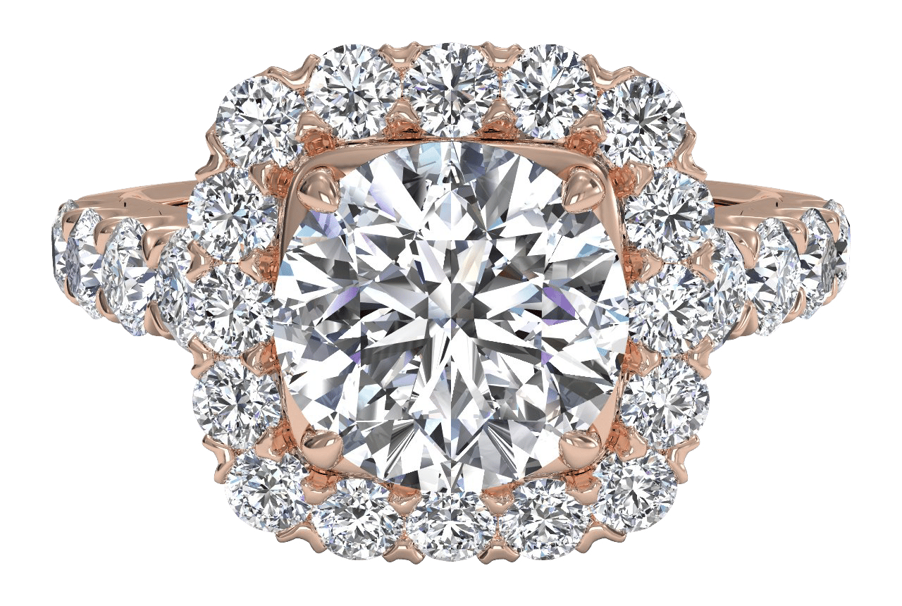 The Rafi Round Cut 18kt Rose Gold Masterwork Cushion Halo Diamond Band Engagement Ring