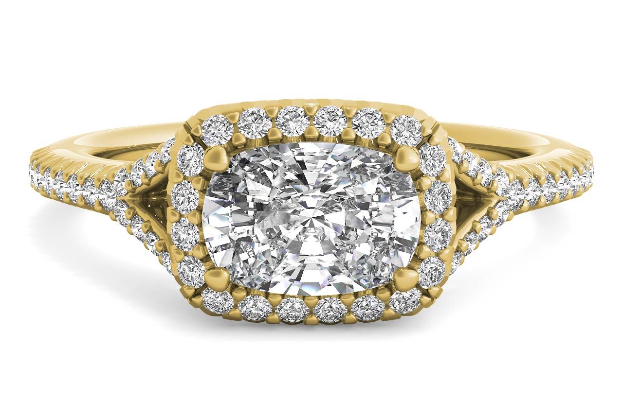 The Riley Cushion Cut 18kt Yellow Gold East To West Halo Diamond 'V Band' Engagement Ring