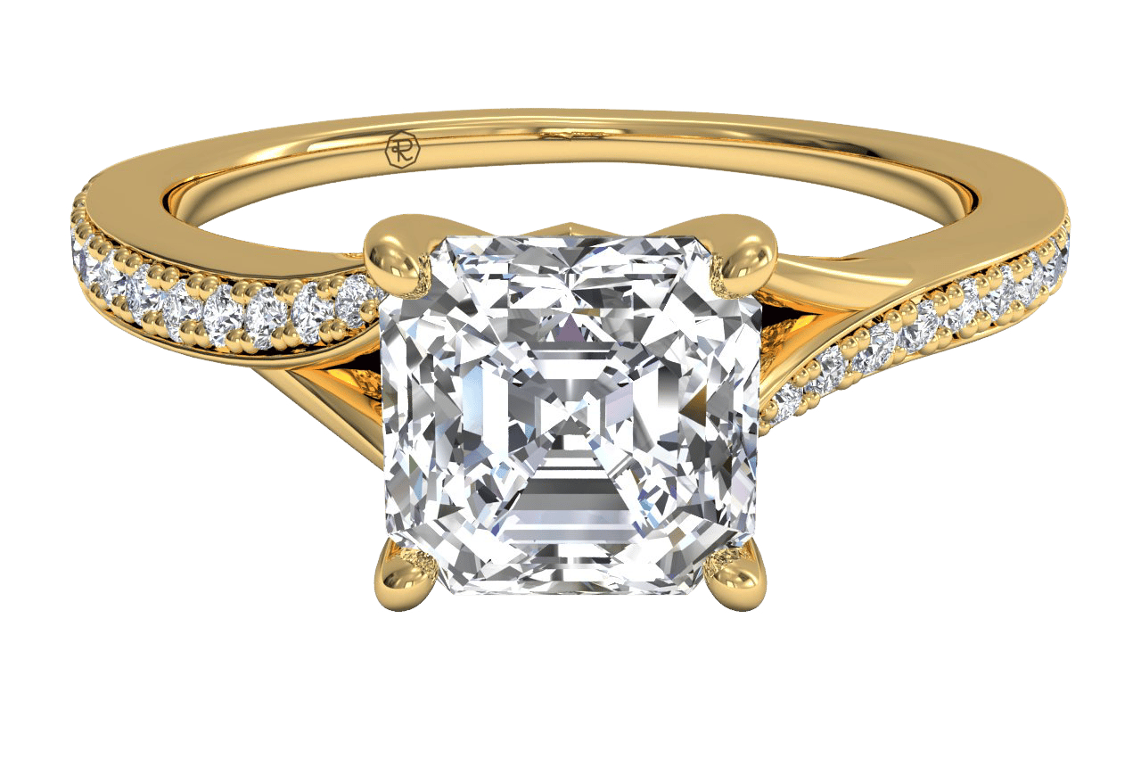 The Alba Asscher Cut 18kt Yellow Gold Bypass Micropavé Diamond Band Engagement Ring