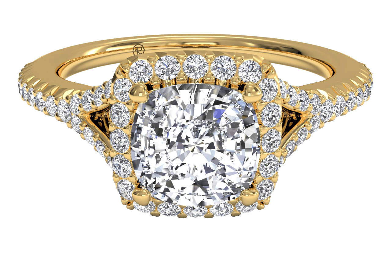 The Jordan Cushion Cut 18kt Yellow Gold Dainty 'V' Band Halo Engagement Ring