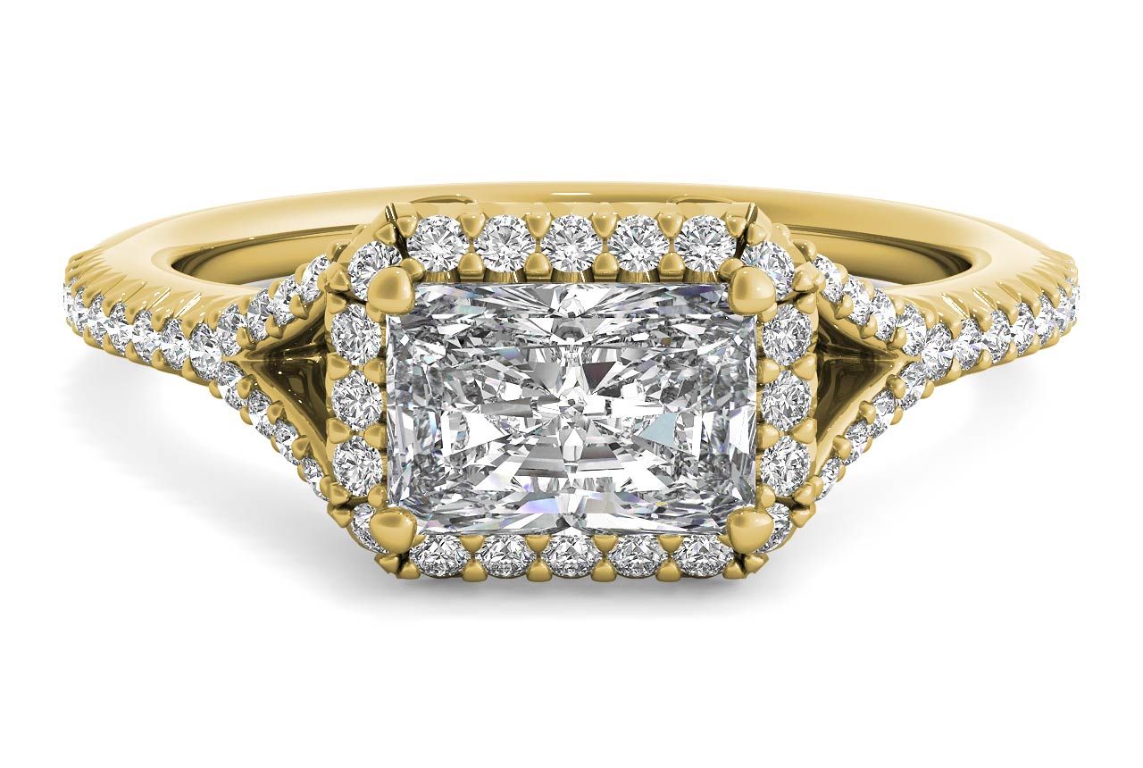 The Riley Radiant Cut 18kt Yellow Gold East To West Halo Diamond 'V Band' Engagement Ring
