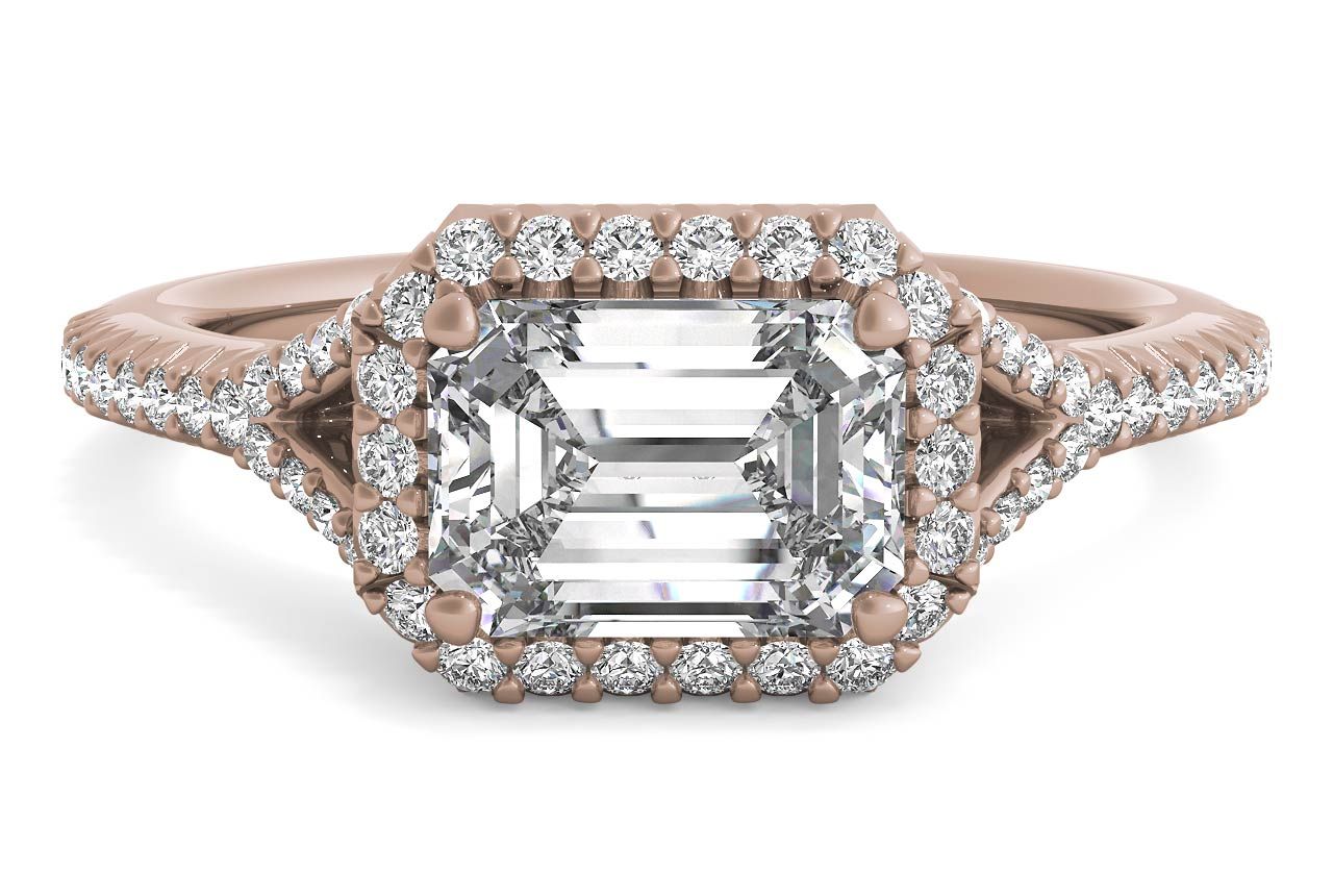 The Riley Emerald Cut 18kt Rose Gold East To West Halo Diamond 'V Band' Engagement Ring