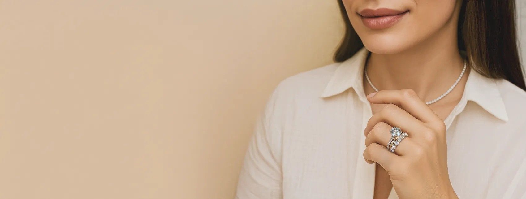 Beautiful lifestyle image of woman wearing matching wedding bands 