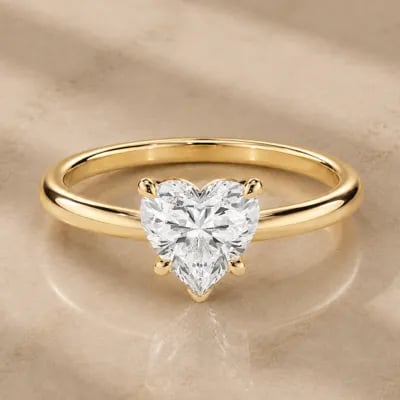 heart cut solitaire engagement ring on neutral background
