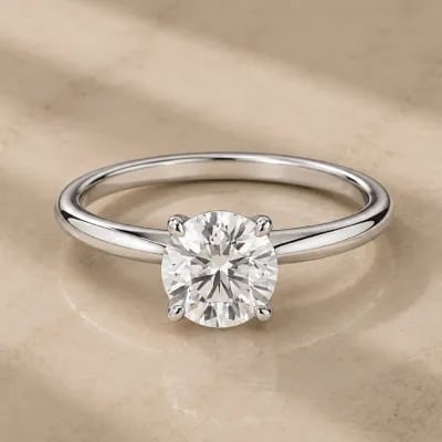 round cut solitaire engagement ring on neutral background