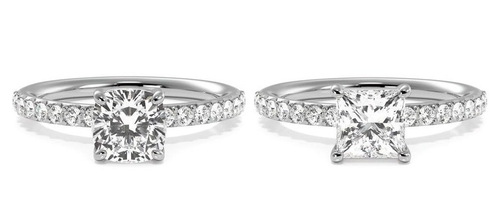 cushion diamond (left) compared to princess cut diamond (right)
